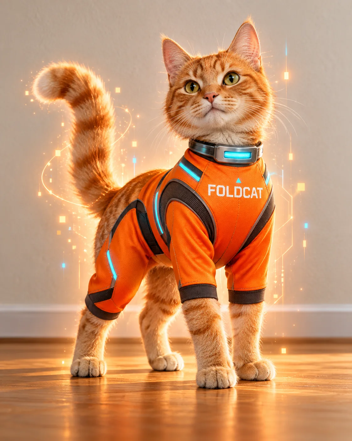 Lumi, the orange digital cat in a Foldcat suit