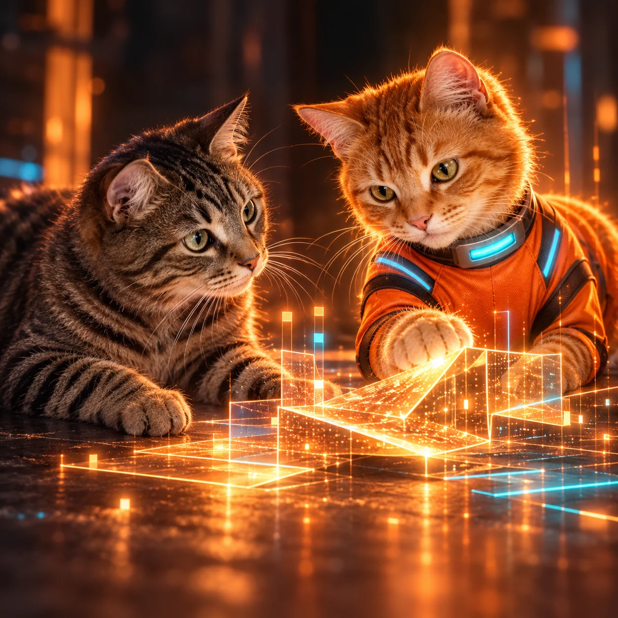 The real gray tabby Milo watches Lumi, his orange digital companion, shape a glowing world